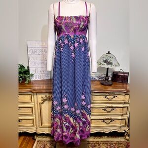 Long Blue Purple Paisley Floral Sleeveless Smocked Boho Sun Dress